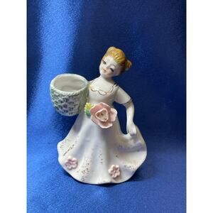 Vintage Enesco Porcelain Lady with Basket and Pink Flower
